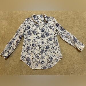 Cynthia Rowley 100% linen floral button down, blue/white, M